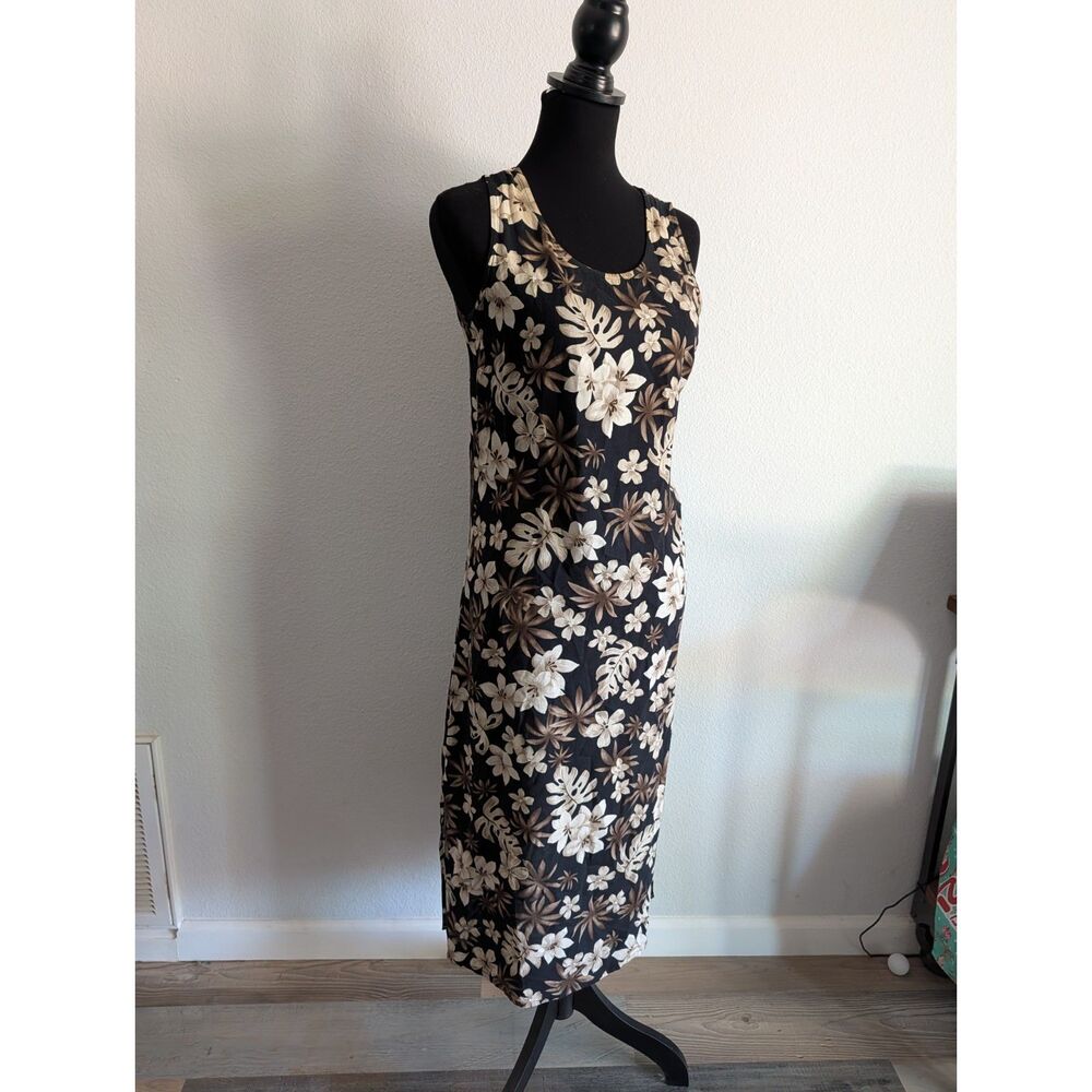 Tropical Floral Sleeveless Midi Dress Women's Small Black Hawaiian Resort Dress